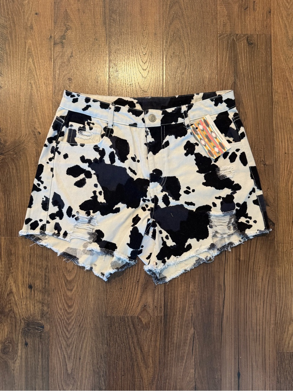 Cow-Print Distressed Denim Shorts - Black & White